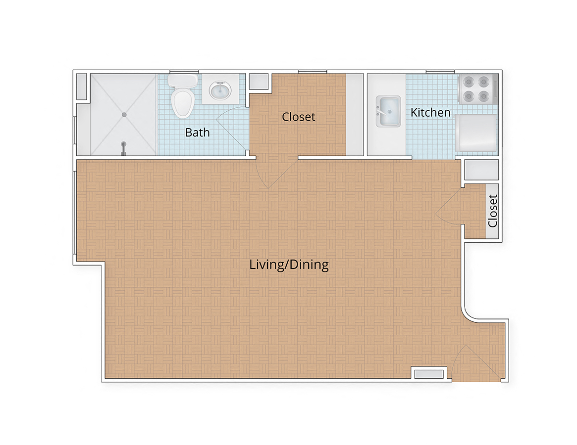 Floor plan for studio, 1 bath, 412 sqft